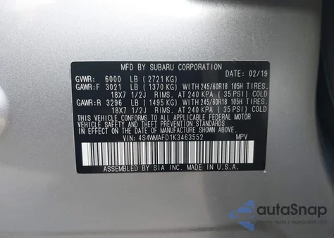 2019 Subaru Ascent Premium z USA, uszkodzony, nr VIN 4S4WMAFD1K3463552